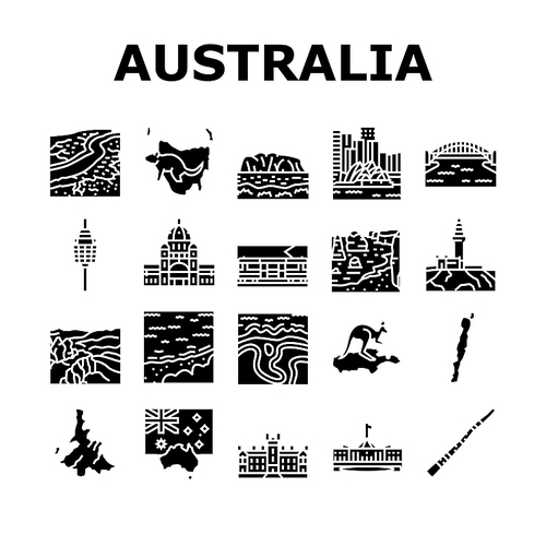Australia Continent Landscape Icons Set Vector. Australia Flag And Didgeridoo National Musician Instrument, Tasmania And Kangaroo Animal, Fraser Whitsunday Island Glyph Pictograms Black Illustrations