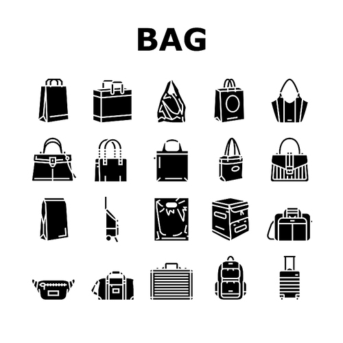 Bag For Carry Products And Goods Icons Set Vector. Fashion Handle Bag And Cart, Paper Package Plastic Pouch Business Case Luggage Or Baggage, Delivery Box Rucksack Glyph Pictograms Black Illustrations