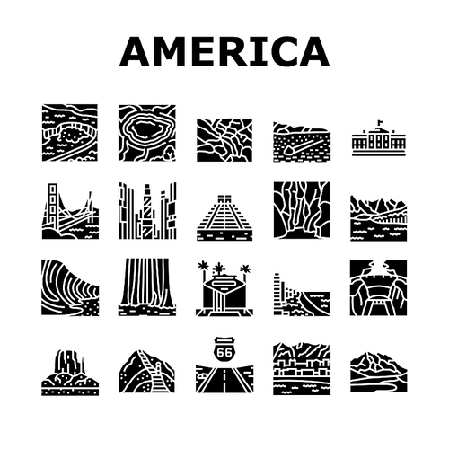 North America Famous Landscape Icons Set Vector. Haiku Stars And Rock Formation Wave Banff Sequoia National Park, Gate Bridge Times Square North America Land Scape Glyph Pictograms Black Illustrations