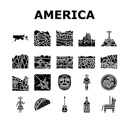 South America Scape And Tradition Icons Set Vector. South America Antique Mask And Guitar, Tequila Alcoholic Drink Taco Food, Machu Picchu Iguazu Falls Desert Lake Glyph Pictograms Black Illustrations