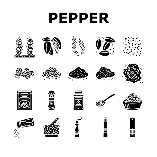 Black Pepper Aromatic Hot Spice Icons Set Vector. Ground Spicy Ingredient For Cooking And Seasoning Dish, Growing Plant Drying Seeds Mechanical And Electrical Mill Glyph Pictograms Black Illustrations
