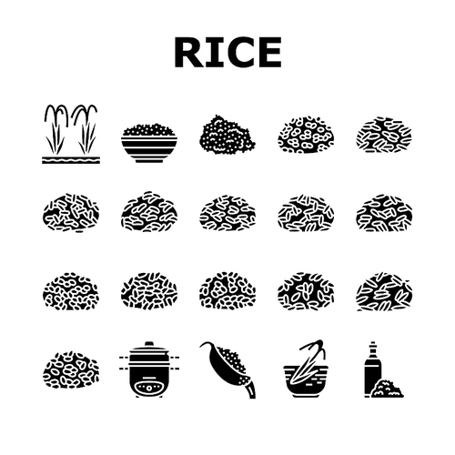 Rice For Preparing Delicious Food Icons Set Vector. Valencia And Basmati, Jasmine And Brown Rice Grain. Cooker Electronic Gadget For Cooking And Boiling Tasty Meal Glyph Pictograms Black Illustrations
