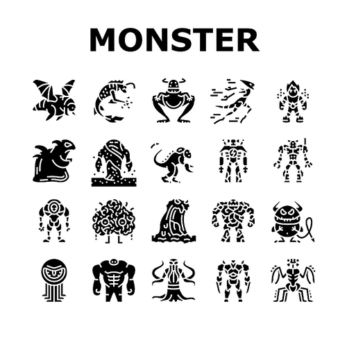 Monster Scary Fantasy Characters Icons Set Vector. Flying And Jumping Monster, Fast Running And Floating, Insect Robot, Alien Poisonous. Fire Sand Mystery Mutant Glyph Pictograms Black Illustrations