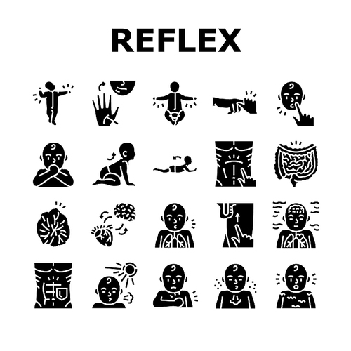 Reflex Of Human Neurology System Icons Set Vector. Cremasteric And Gastrocolic, Asymmetrical Tonic Neck And Palmar Grasp Reflex. Muscular Defense And Photic Sneeze Glyph Pictograms Black Illustrations