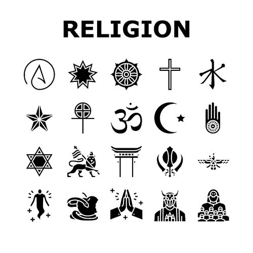 Religion, Prayer Cult And Atheism Icons Set Vector. Christianity And Druze, Bahai And Gnosticism, Hinduism And Islam, Judaism Sikhism. Sect Religious Human Soul Glyph Pictograms Black Illustrations