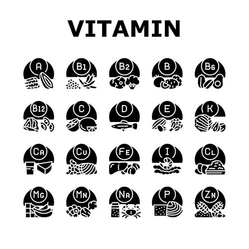 Vitamin Mineral Medical Complex Icons Set Vector. Healthy Vitamin C And A, Healthcare Extract With Calcium And Zink. Multivitamin Vegetable, Fruit, Meat Seafood Glyph Pictograms Black Illustrations