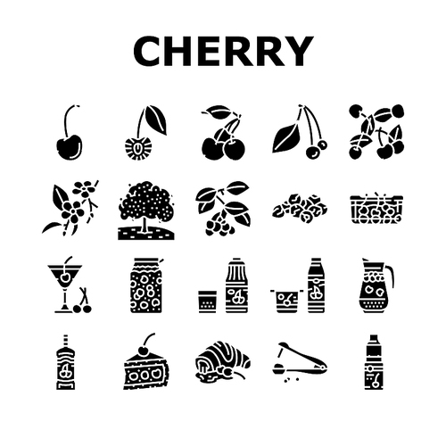 Cherry Vitamin Freshness Berry Icons Set Vector. Cherry Compote And Juice, Alcoholic Cocktail And Yogurt, Pastry Cookie With Fruit Jam And Delicious Pie Dessert Glyph Pictograms Black Illustrations