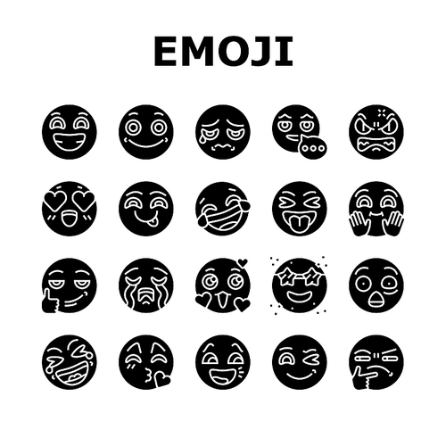 Emoji Emotional Funny Smile Face Icons Set Vector. Lol And Like, Love Heart Ad Confused, Happy And Sad Emoji. Expressive Emoticon For Communication Sending Message Glyph Pictograms Black Illustrations