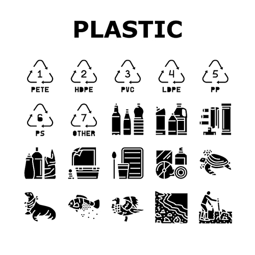 Plastic Waste Nature Environment Icons Set Vector. Bottle And Container, Package Bag, Bird And Turtle, Seal And Fish With Plastic Waste. Volunteer Cleaning Beach Glyph Pictograms Black Illustrations