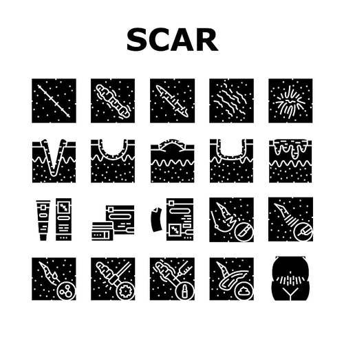 Scar After Trauma Or Surgery Icons Set Vector. Hyperpigmentation And Hypertrophic Acne, Injection Treatment Chemical Peel, Laser Removal Surgical Procedure Scar Glyph Pictograms Black Illustrations