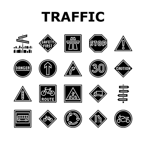 Traffic Sign Road Information Icons Set Vector. Speed Limit And Caution, Bicycle And Bike, Highway And Danger Traffic Sign. Signpost With Direction Info And Signal Glyph Pictograms Black Illustrations