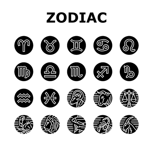 Zodiac Astrological Sign Animal Icons Set Vector. Sagittarius And Capricornus, Taurus And Aries, Virgo And Gemini Scorpio Libra Astrology Zodiac Symbols. Astrology Glyph Pictograms Black Illustrations