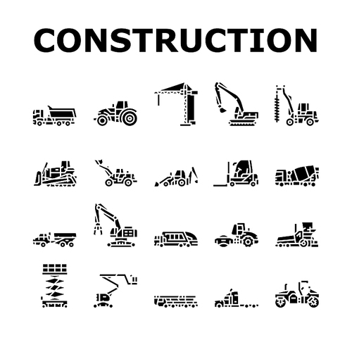 construction car vehicle tractor icons set vector. machinery excavator, machine digger, work crane, equipment, heavy bulldozer road construction car vehicle tractor glyph pictogram Illustrations