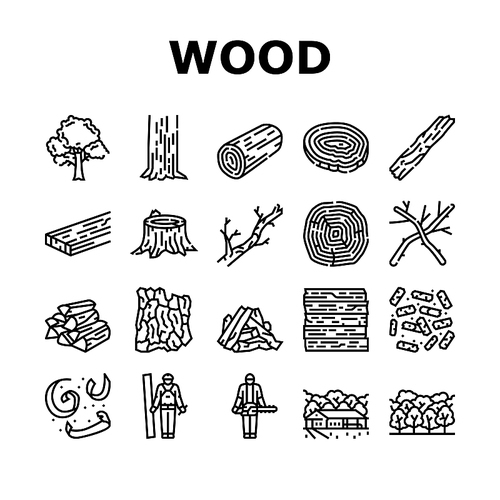 wood timber tree wooden material icons set vector. log board, plank lumber, forest nature, panel trunk, grain cut, stump carpentry wood timber tree wooden material black contour illustrations