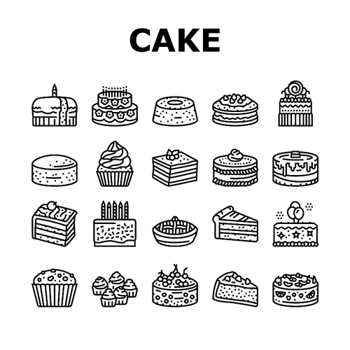cake birthday food dessert party icons set vector. sweet chocolate celebration, cream bakery, pastry delicious, happy candle cupcake cake birthday food dessert party black contour illustrations