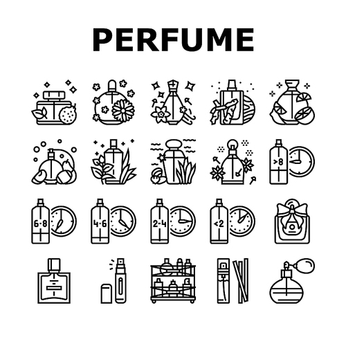 perfumery glass luxury cosmetic icons set vector. perfume woman beauty, aroma product, scent water, fashion smell, essence flask perfumery glass luxury cosmetic black contour illustrations