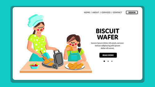 Biscuit Wafer Cooking Mother With Daughter Vector. Woman With Child Cooking And Baking Biscuit Wafer On Kitchen With Electronic Bakery Device. Characters Cook Cakes Web Flat Cartoon Illustration