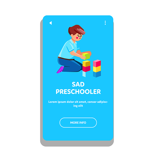 Sad Preschooler Boy Playing With Blocks Toy Vector. Sad Preschooler Child Building Tower With Multicolor Cubes. Character With Negative Emotion Leisure Time Web Flat Cartoon Illustration