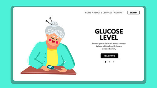 Glucose Level In Blood Checking Grandmother Vector. Woman Senior Examining Glucose Level With Glucometer Medical Gadget. Character Elderly Lady With Medicine Device Web Flat Cartoon Illustration