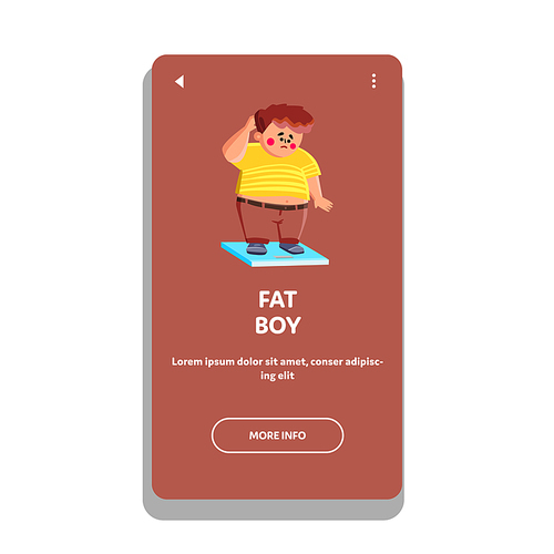 Confused Fat Boy Standing On Digital Scale Vector. Sad Fat Boy Staying On Electronic Device For Measuring Weight. Character Obese Child On Measurement Gadget Web Flat Cartoon Illustration