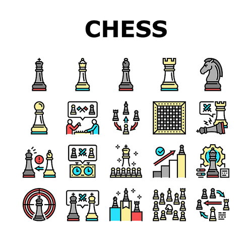 Chess Smart Strategy Game Figure Icons Set Vector. King And Queen, Rook And Pawn, Elephant And Horse For Playing Chess. Players Playing Together On Competition Success Achievement Color Illustrations