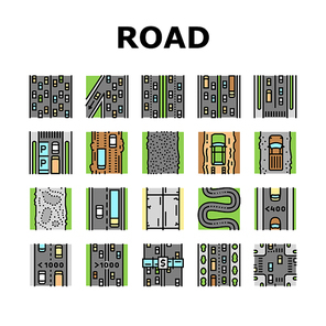 Road Urban And Country Highway Icons Set Vector. Expressway And Local Street Road Constructed From Bituminous And Cement Concrete, Avenue And Murram. Low And High Traffic Color Illustrations