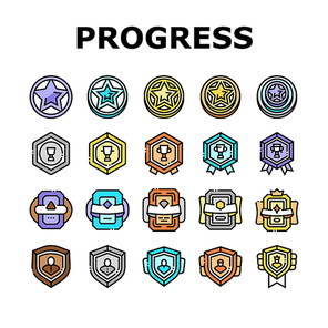 Game Progress Award And Medal Icons Set Vector. Game Progress Reward In Star Shape And Decorated Cup, Golden And Silver Medallion And Card. Level Success Achievement Color Illustrations