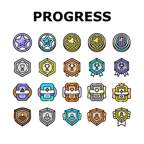 Game Progress Award And Medal Icons Set Vector. Game Progress Reward In Star Shape And Decorated Cup, Golden And Silver Medallion And Card. Level Success Achievement Color Illustrations