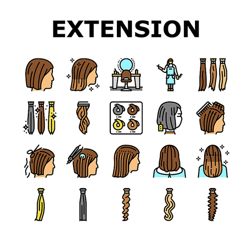 Hair Extension Salon Procedure Icons Set Vector. Hair Extension And Cutting, Multicolor Palette For Choosing Style, And Accessory, Hairdresser Worker And Client Color Illustrations