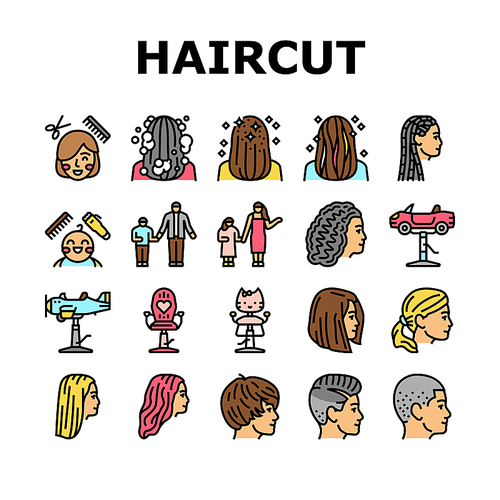 Children Haircut Salon Service Icons Set Vector. Kid Haircut Salon Service And Accessory, Chair In Car And Airplane Form, Haircutting Scissors And Device. Hairdressing Procedure Color Illustrations