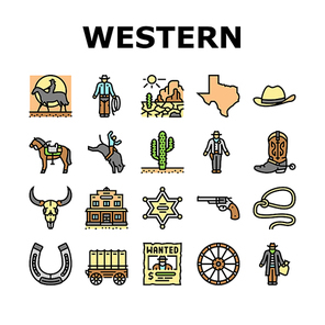 Western Cowboy And Sheriff Man Icons Set Vector. Lasso Accessory And Gun, Skull Bull And Cowboy On Horse Animal, Wanted Poster And Wagon Trailer, Saloon And Cactus Color Illustrations