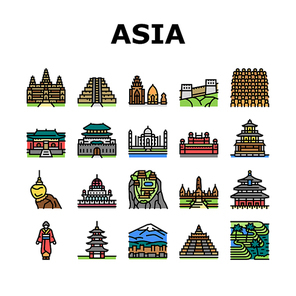 Asia Building And Land Scape Icons Set Vector. Asia Shaolin Monastery And Pagoda, Borobudur And Putrajaya Historical Building, Tegallang Rice Terraces And Temple Of Heaven Color Illustrations