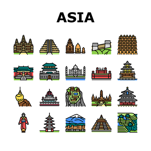 asia building and land scape icons set vector. asia shaolin monastery and pagoda, borobudur and putrajaya historical building, tegallang . terraces and temple of heaven color illustrations