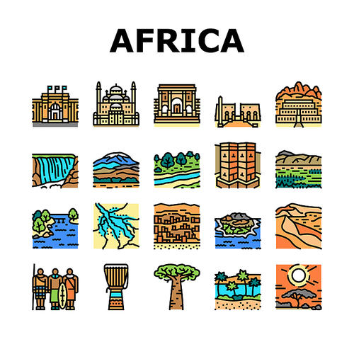 Africa Continent Nation Treasure Icons Set Vector. Drum Africa Traditional Musician Instrument And Serengeti National Park, Suleiman Pasha Mosque And Bandiagara Town Color Illustrations