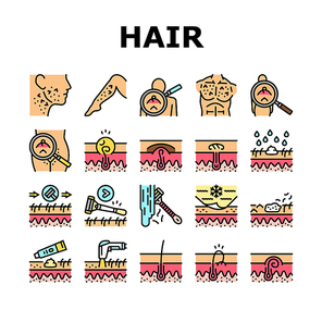 Ingrown Hair Problem Treatment Icons Set Vector. Ingrown Hair Shaving And Depilation With Laser Electronic Device, Researching And Treat With Healthy Cream Or Epilation Color Illustrations