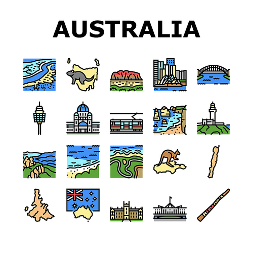 Australia Continent Landscape Icons Set Vector. Australia Flag And Didgeridoo National Musician Instrument, Tasmania And Kangaroo Animal, Fraser And Whitsunday Island Color Illustrations