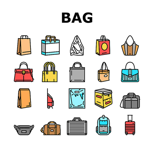 Bag For Carry Products And Goods Icons Set Vector. Fashion Handle Bag And Cart, Paper Package And Plastic Pouch, Business Case And Luggage Or Baggage, Delivery Box And Rucksack Color Illustrations