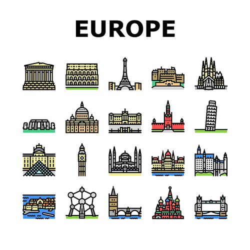 Europe Monument Construction Icons Set Vector. Eiffel Tower And Parthenon, Louvre Museum And Saint Peter Basilica, Edinburgh Castle And Basil Cathedral Europe Famous Building Color Illustrations