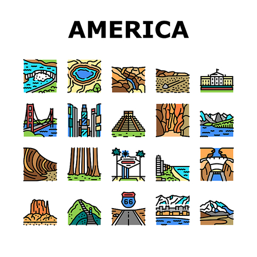 North America Famous Landscape Icons Set Vector. Haiku Stars And Rock Formation Wave, Banff And Sequoia National Park, Golden Gate Bridge And Times Square North America Land Scape Color Illustrations
