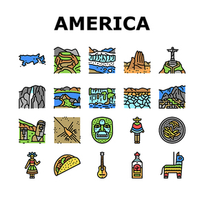 South America Scape And Tradition Icons Set Vector. South America Antique Mask And Guitar, Tequila Alcoholic Drink And Taco Food, Machu Picchu And Iguazu Falls, Desert And Lake Color Illustrations
