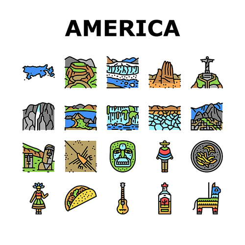 South America Scape And Tradition Icons Set Vector. South America Antique Mask And Guitar, Tequila Alcoholic Drink And Taco Food, Machu Picchu And Iguazu Falls, Desert And Lake Color Illustrations