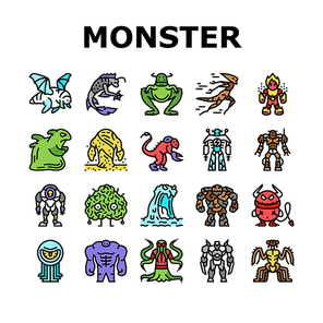 Monster Scary Fantasy Characters Icons Set Vector. Flying And Jumping Monster, Fast Running And Floating, Insect And Robot, Alien And Poisonous. Fire And Sand Mystery Mutant Color Illustrations