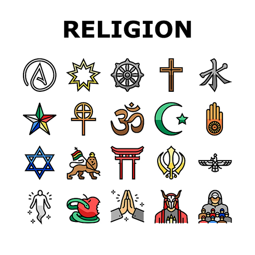 Religion, Prayer Cult And Atheism Icons Set Vector. Christianity And Druze, Bahai And Gnosticism, Hinduism And Islam, Judaism And Sikhism. Sect Religious And Human Soul Color Illustrations