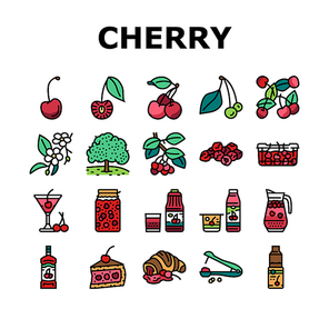Cherry Vitamin Freshness Berry Icons Set Vector. Cherry Compote And Juice, Alcoholic Cocktail And Yogurt, Pastry Cookie With Fruit Jam And Delicious Pie Dessert Color Illustrations
