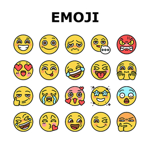 Emoji Emotional Funny Smile Face Icons Set Vector. Lol And Like, Love Heart Ad Confused, Happy And Sad Emoji. Expressive Emoticon For Communication, Sending Message Color Illustrations