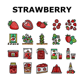 Strawberry Freshness Ripe Berry Icons Set Vector. Natural Plant Growing In Garden Or On Flower Bed, Organic Raw Strawberry And Dessert, Delicious Ingredient For Pie And Jelly Color Illustrations