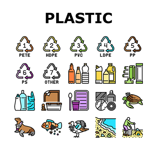 Plastic Waste Nature Environment Icons Set Vector. Bottle And Container, Package And Bag, Bird And Turtle, Seal And Fish With Plastic Waste. Volunteer Cleaning Beach Color Illustrations