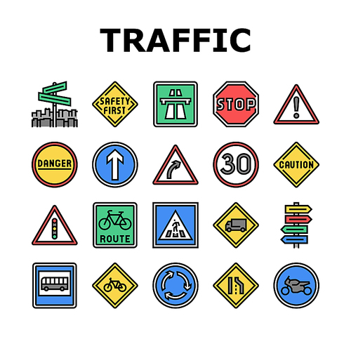 Traffic Sign Road Information Icons Set Vector. Speed Limit And Caution, Bicycle And Bike, Highway And Danger Traffic Sign. Signpost With Direction Info And Signal Color Illustrations