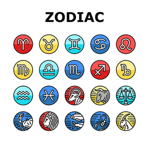 Zodiac Astrological Sign Animal Icons Set Vector. Sagittarius And Capricornus, Taurus And Aries, Virgo And Gemini Scorpio And Libra Astrology Zodiac Symbols. Astrology Color Illustrations