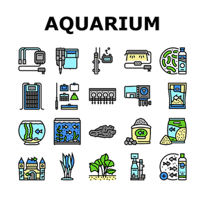 aquarium fish water sea tank icons set vector. underwater ocean, marine coral, glass goldfish, fishbowl reef, bowl animal life blue aquarium fish water sea tank color line illustrations